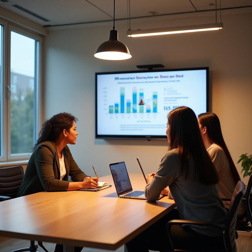 Small group of active adults engaged in an online webinar session, taking notes and listening attentively in a bright modern setting