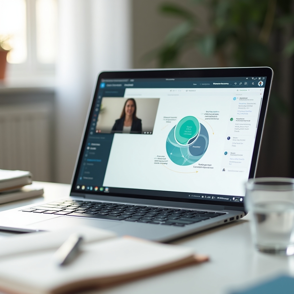 Clean laptop screen showing a structured webinar interface with slides and presenter view in a home office setting